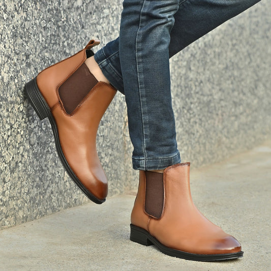 Tan Color Leather Chelsea Boots