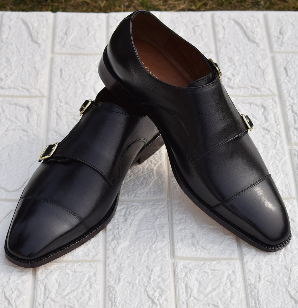 Grant Black Double Monk Handmade Shoes - SeeandWear